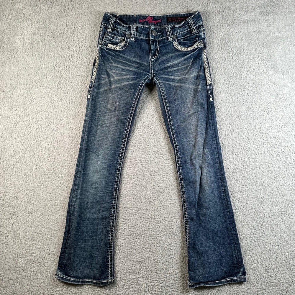 Rock and Roll Cowgirl Low Rise Bootcut Jeans Dark Wash Embroidered 25x32 Western